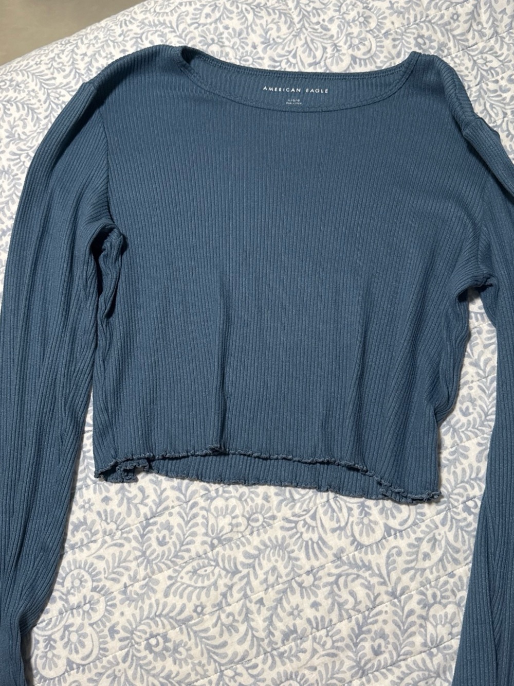 American Eagle Outfitters Women's Long-Sleeve Ribbed Crop Top - Dusty Blue